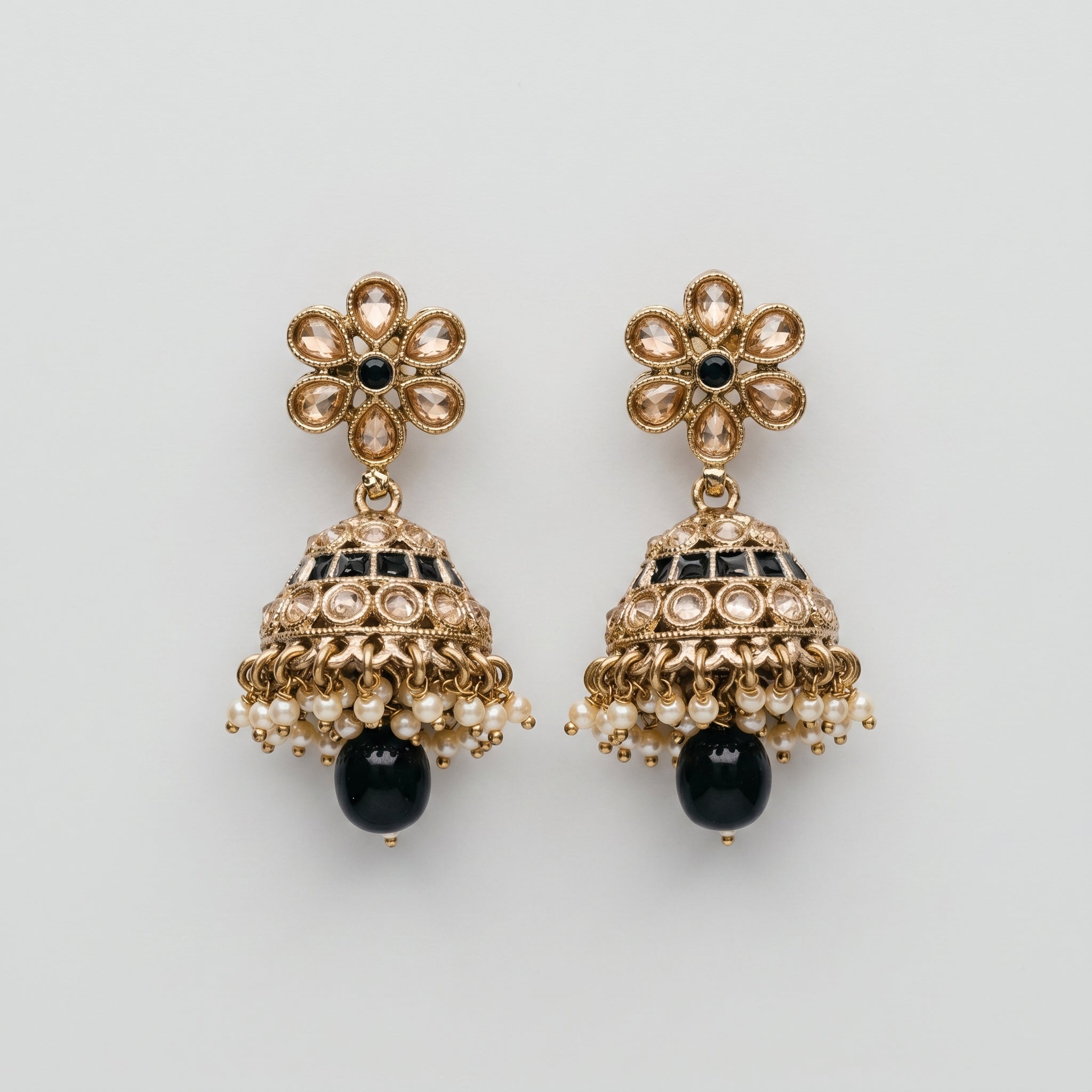 Moti Jhumka Earrings gold-tone floral stud jhumka bells with black champagne stones and pearl fringe