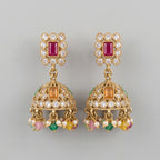 Kundan Earrings gold-tone multicolor kundan jhumka earrings with ruby stud on gray background