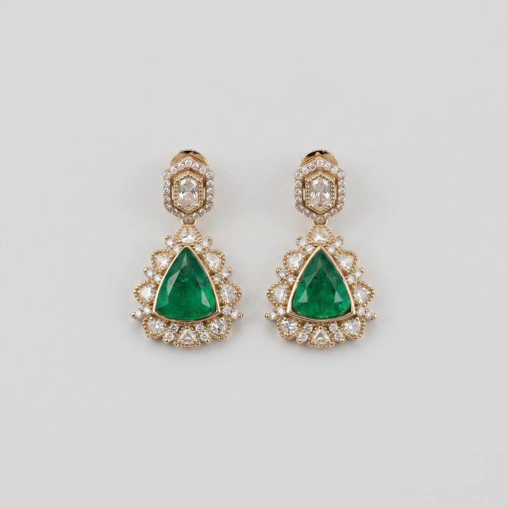 Panna Kiran Earrings gold emerald trillion drops with crystal halo