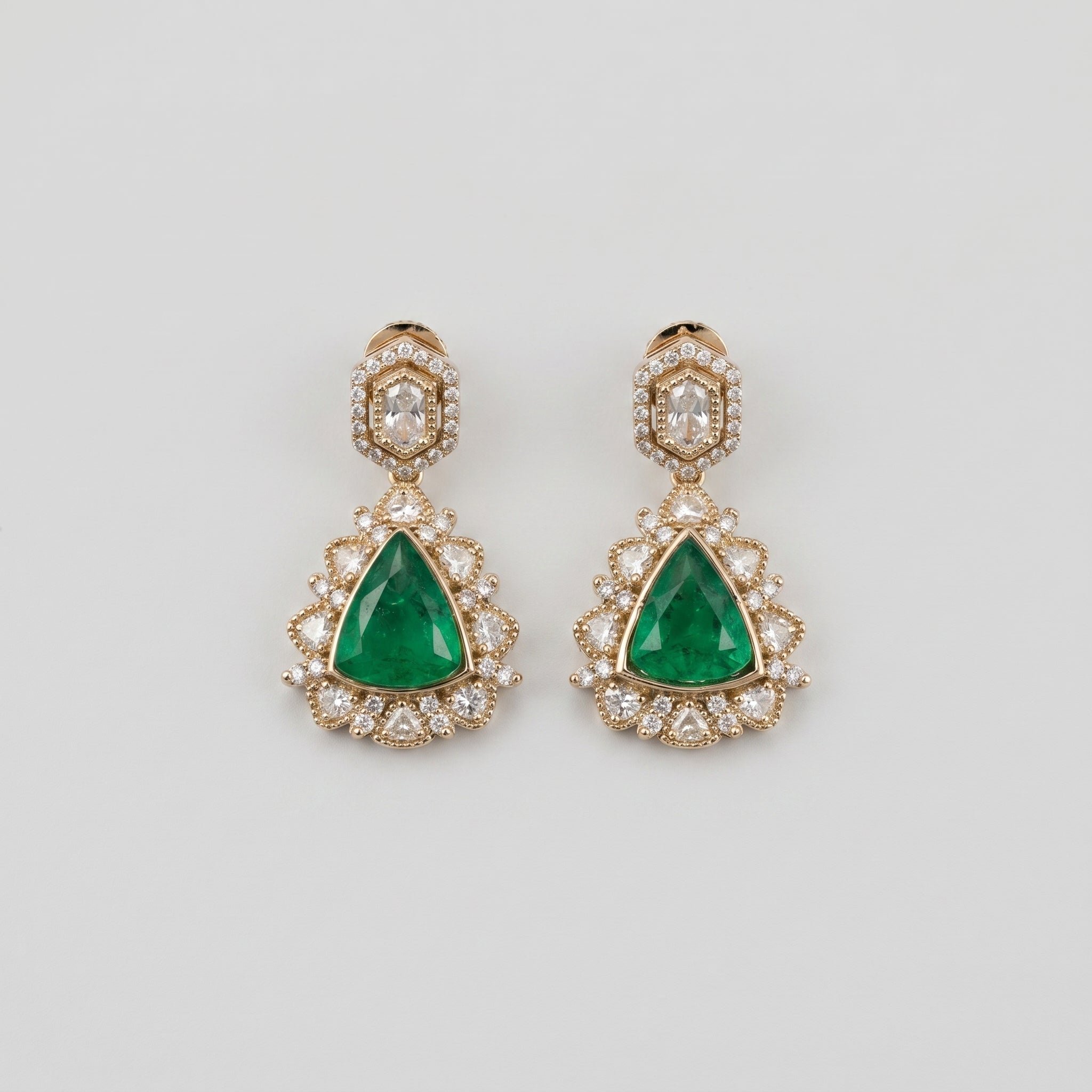 Panna Kiran Earrings gold emerald trillion drops with crystal halo