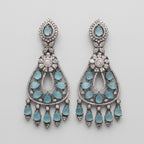 Aqua Leaf Earrings oxidized silver-tone chandelier drops with carved aqua leaf stones on gray background