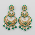 Jadau Panna Earrings gold-tone emerald chandbali drops with polki and pearl fringe on gray background