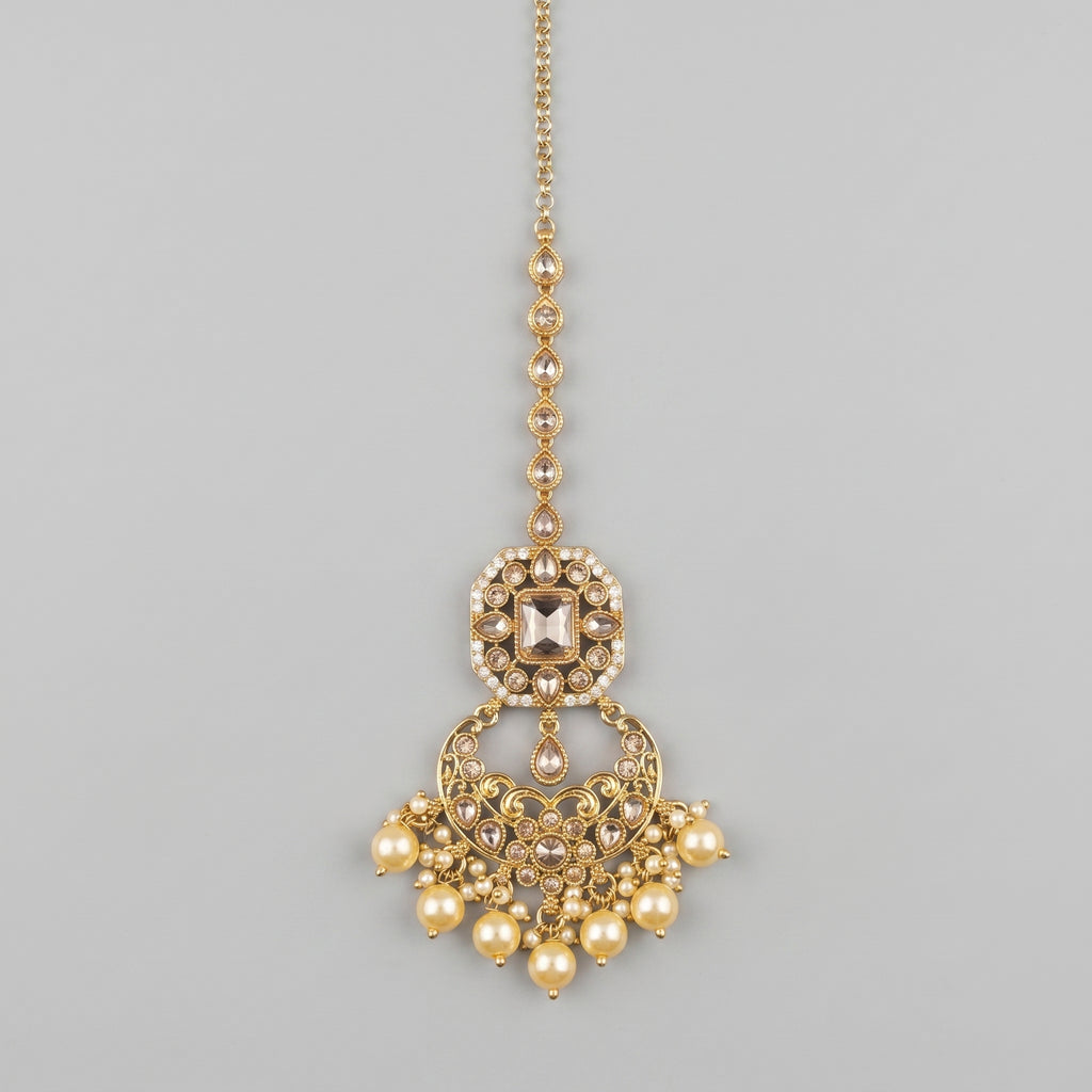 Kundan Pearl Tikka gold chandbali maang tikka with octagonal crystal top and pearl drops