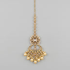 Kundan Pearl Tikka gold chandbali maang tikka with octagonal crystal top and pearl drops