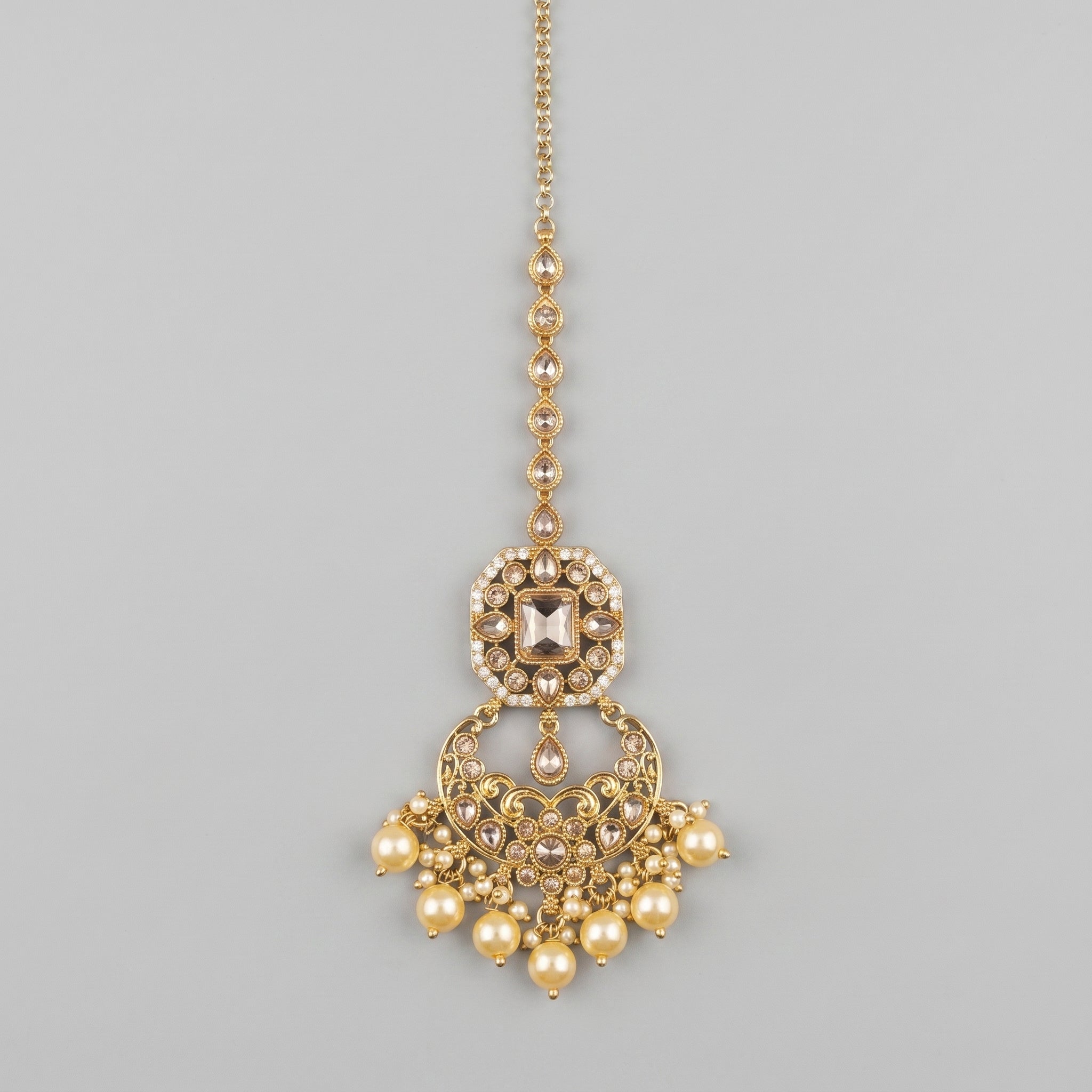 Kundan Pearl Tikka gold chandbali maang tikka with octagonal crystal top and pearl drops