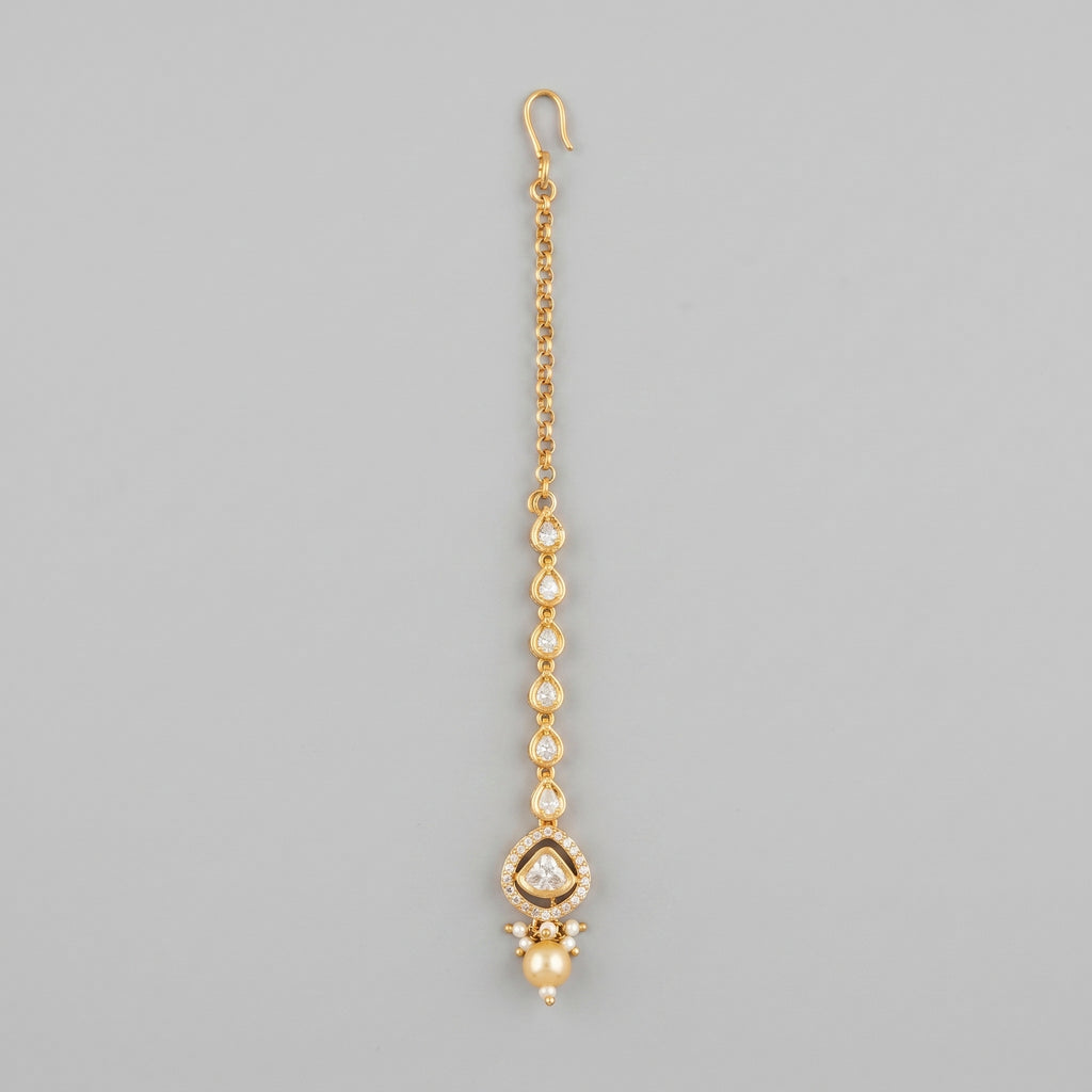 Noor Golden Tikka gold-tone maang tikka with pearl drop on gray background