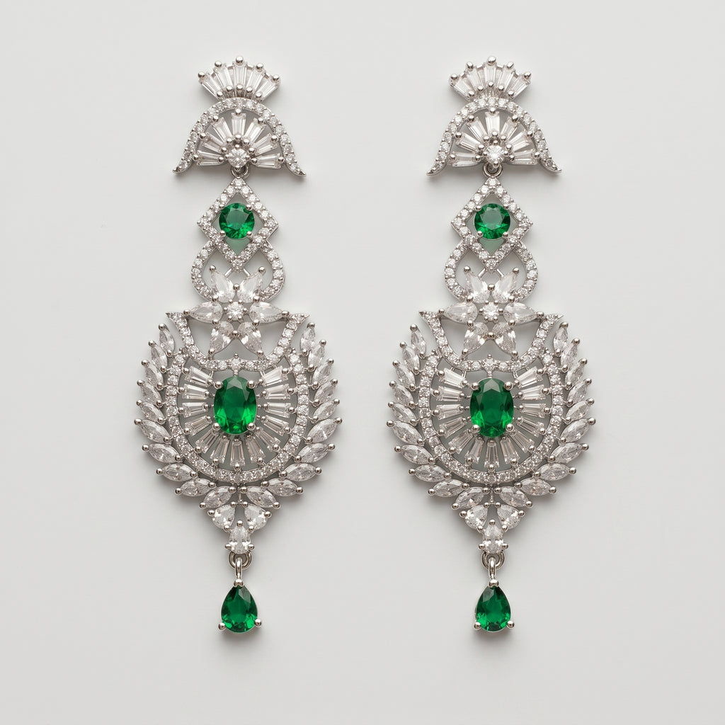 Divya Emerald Earrings rhodium-plated chandelier drops with emerald stones and marquise crystal fringe