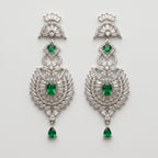 Divya Emerald Earrings rhodium-plated chandelier drops with emerald stones and marquise crystal fringe