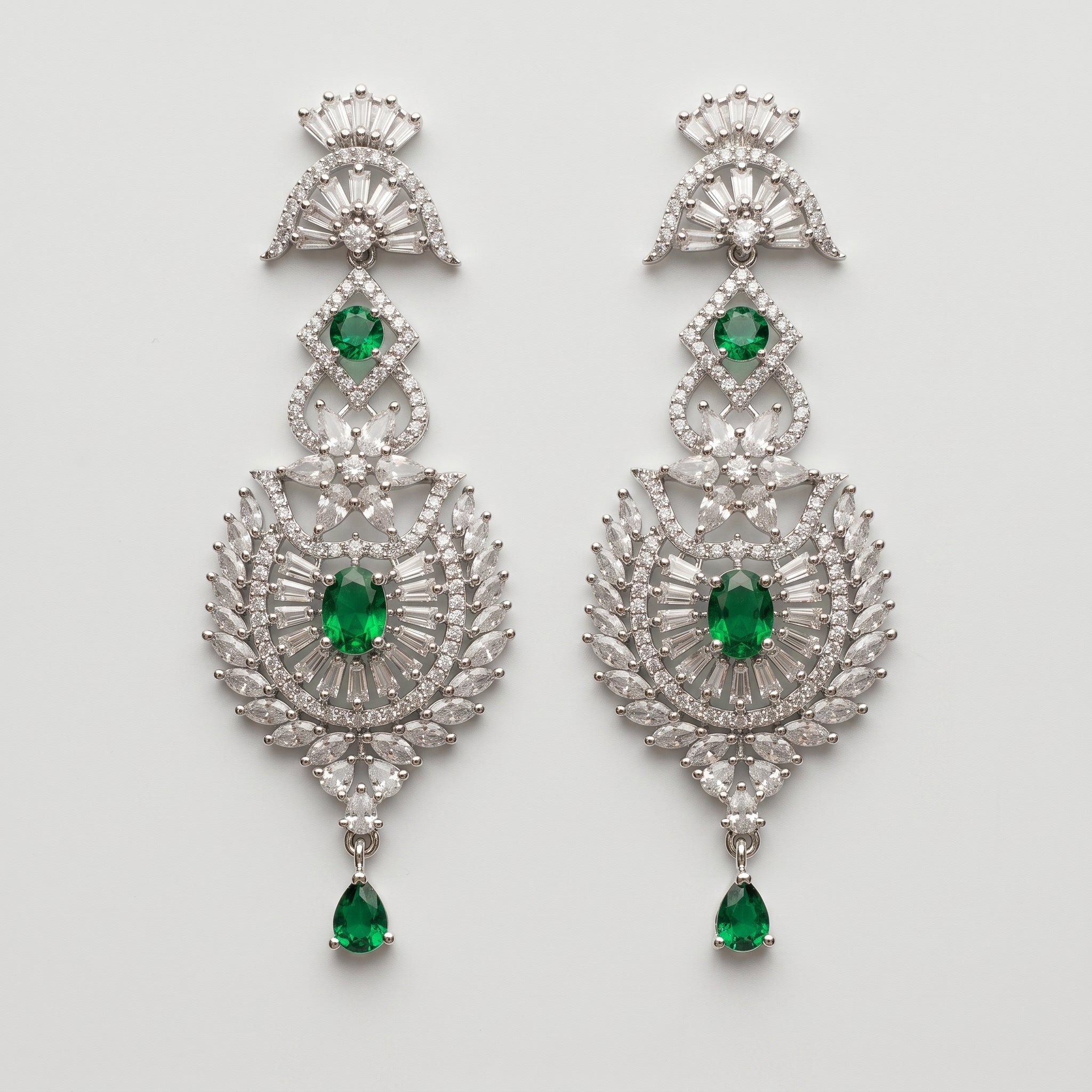 Divya Emerald Earrings rhodium-plated chandelier drops with emerald stones and marquise crystal fringe