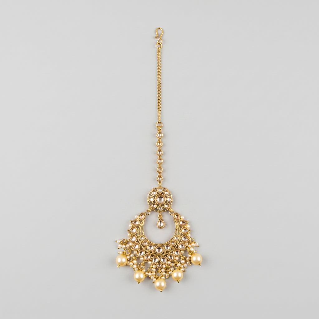 Golden Pearl Tikka gold chandbali maang tikka with crystal crescent and pearl fringe