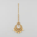 Golden Pearl Tikka gold chandbali maang tikka with crystal crescent and pearl fringe