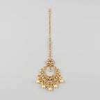 Golden Pearl Tikka gold chandbali maang tikka with crystal crescent and pearl fringe