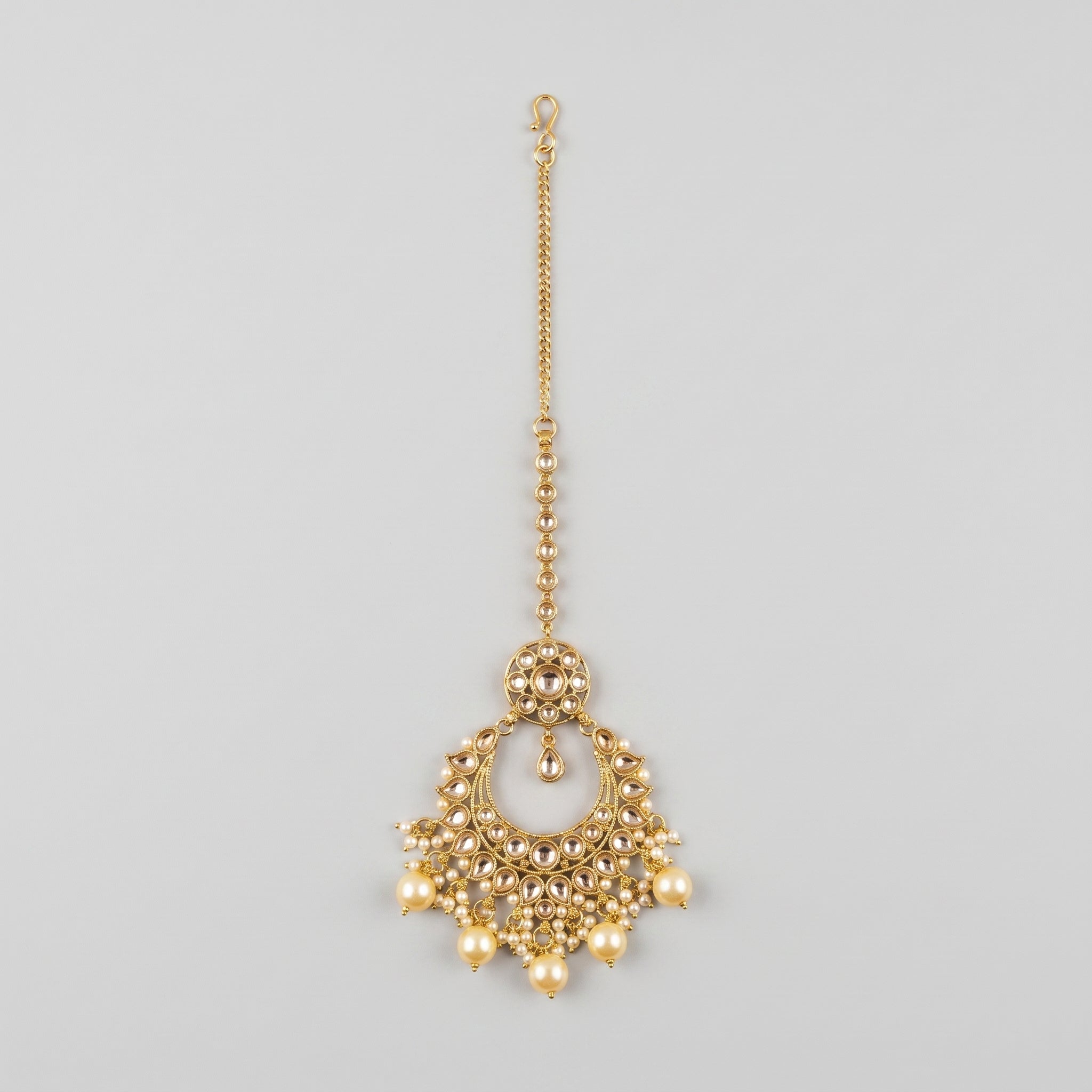 Golden Pearl Tikka gold chandbali maang tikka with crystal crescent and pearl fringe