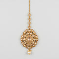 Polki Kundan Tikka gold-tone champagne stone maang tikka with pearl drop on gray background