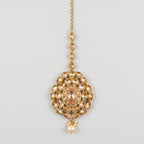 Polki Kundan Tikka gold-tone champagne stone maang tikka with pearl drop on gray background