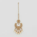 Kashi Pearl Tikka gold chandbali maang tikka with champagne stones and cream pearl drops on gray background