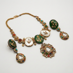 South Asian woman wearing the gold-tone mother-of-pearl necklace with matching earrings — bridal look