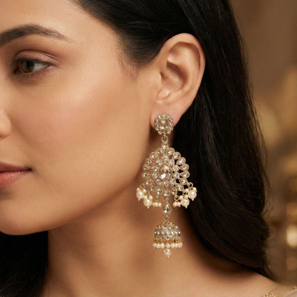 Champagne Polki Jhumka Earrings detail showing sunburst panel and filigree bell dome