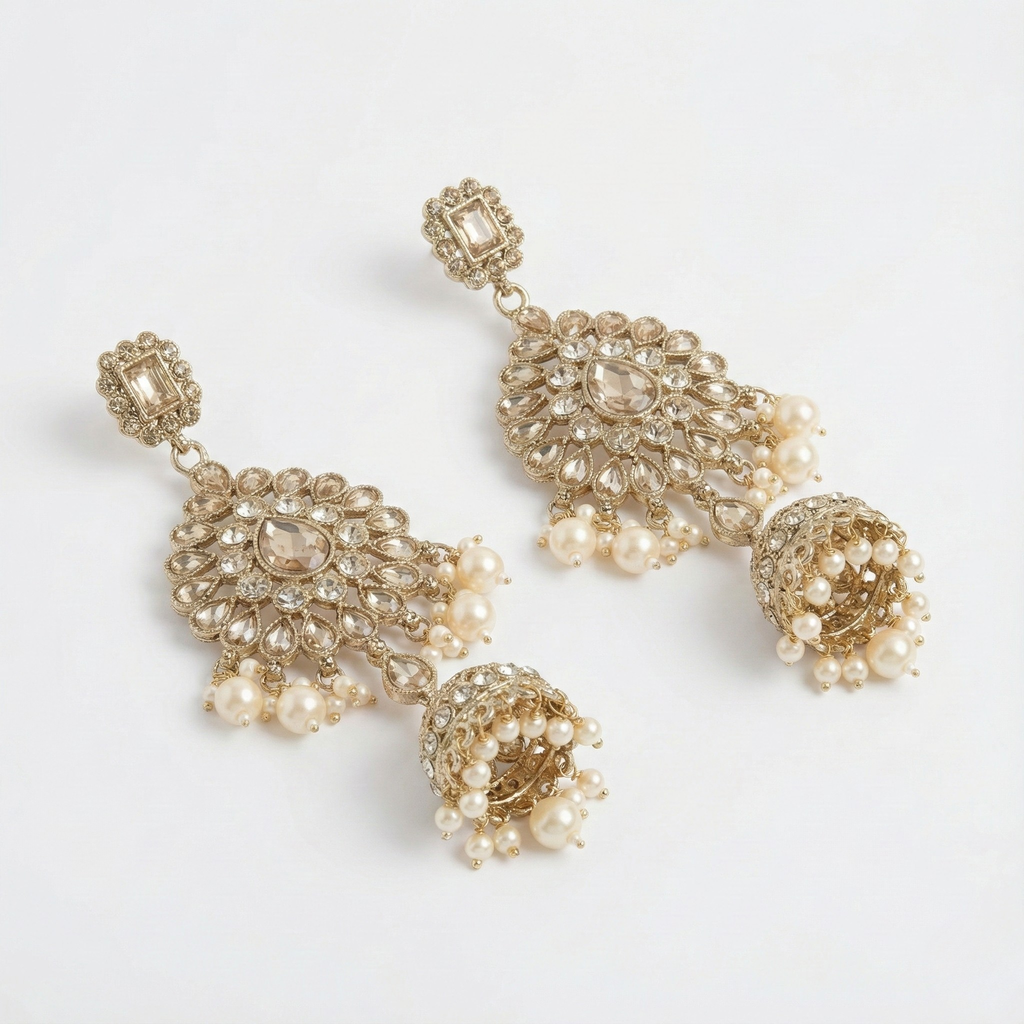 Champagne Polki Jhumka Earrings detail showing sunburst panel and filigree bell dome