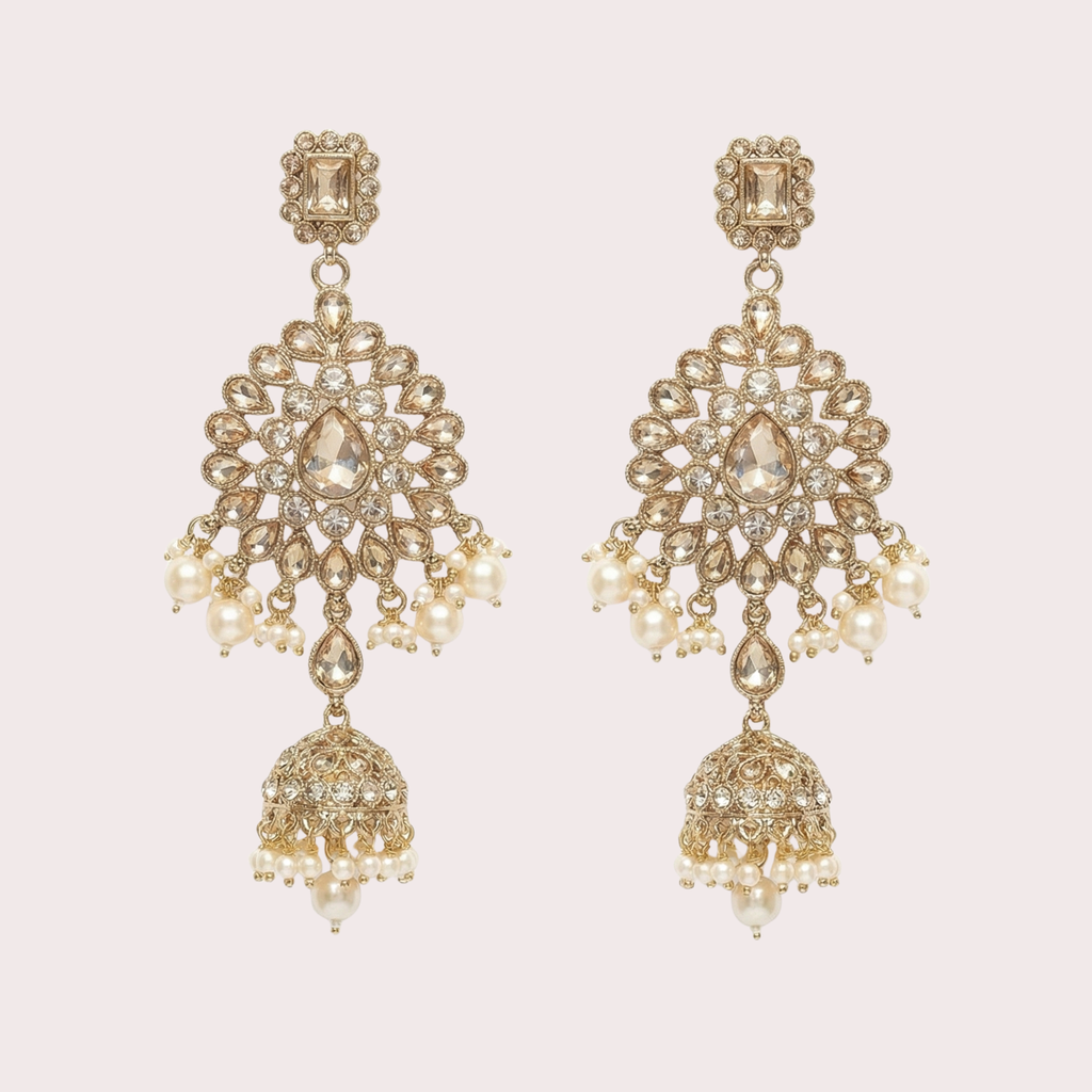 Champagne Polki Jhumka Earrings gold tiered polki jhumkas with champagne stones and pearl fringe
