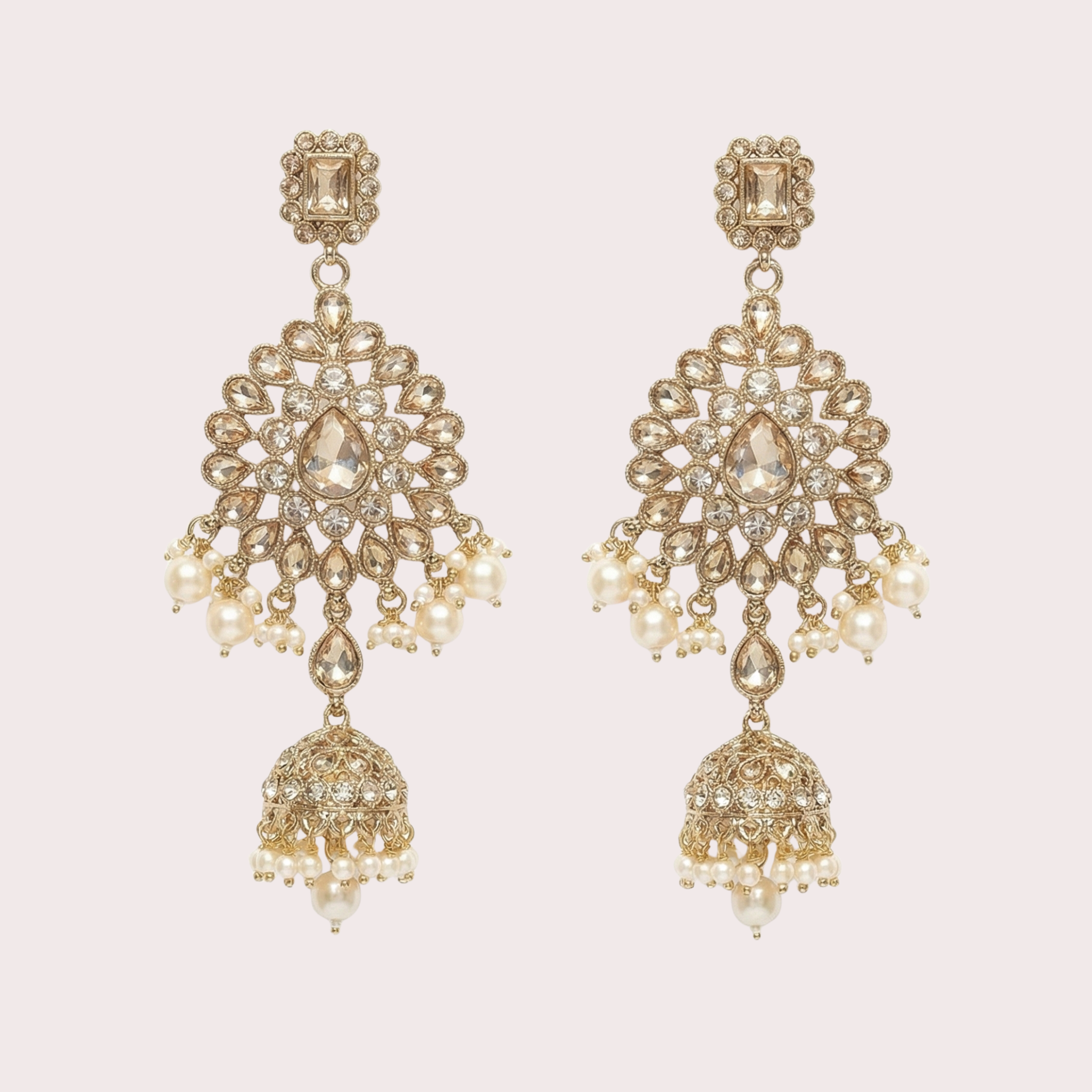 Champagne Polki Jhumka Earrings gold tiered polki jhumkas with champagne stones and pearl fringe