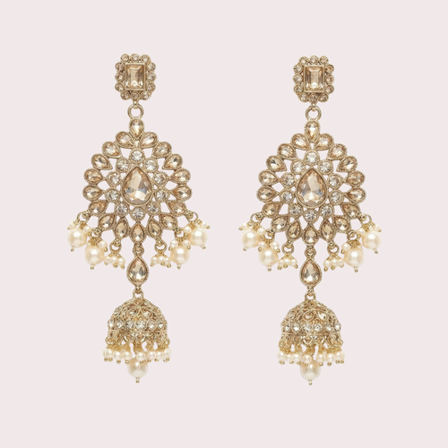 Champagne Polki Jhumka Earrings gold tiered polki jhumkas with champagne stones and pearl fringe