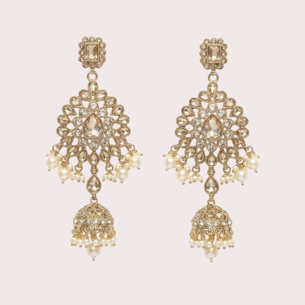 Champagne Polki Jhumka Earrings gold tiered polki jhumkas with champagne stones and pearl fringe
