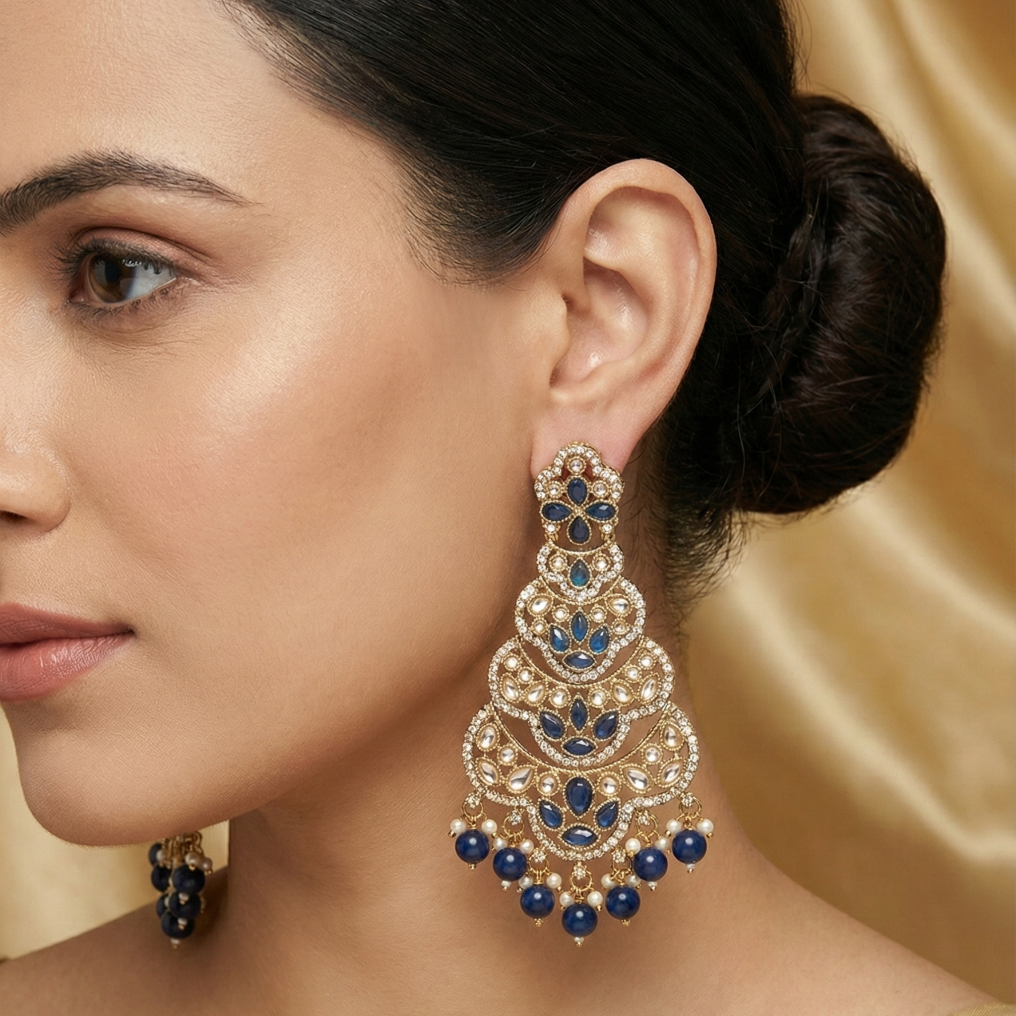 Close-up of Midnight Blue Polki Drop Earrings showing polki stonework and dark-toned accents and gold-plated finish
