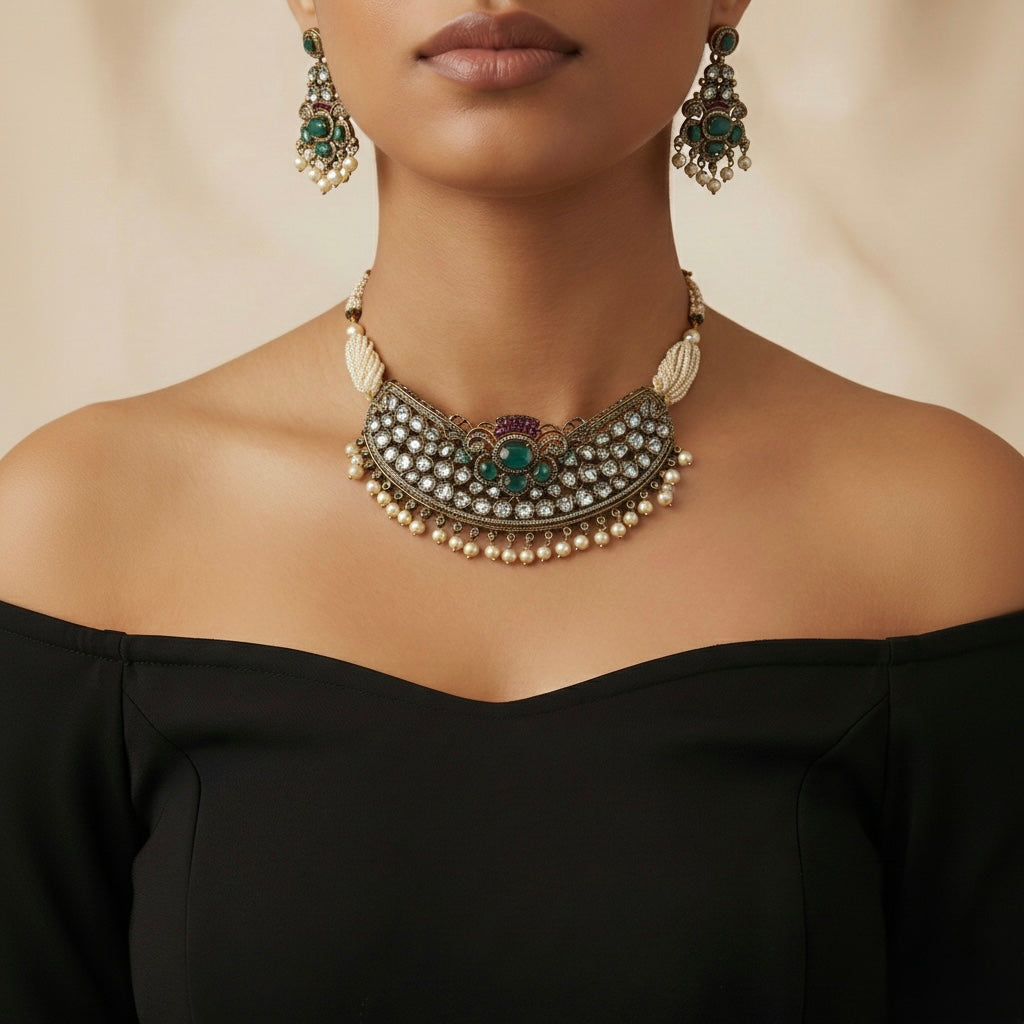Studio flatlay of the silver-tone pearl choker with matching earrings