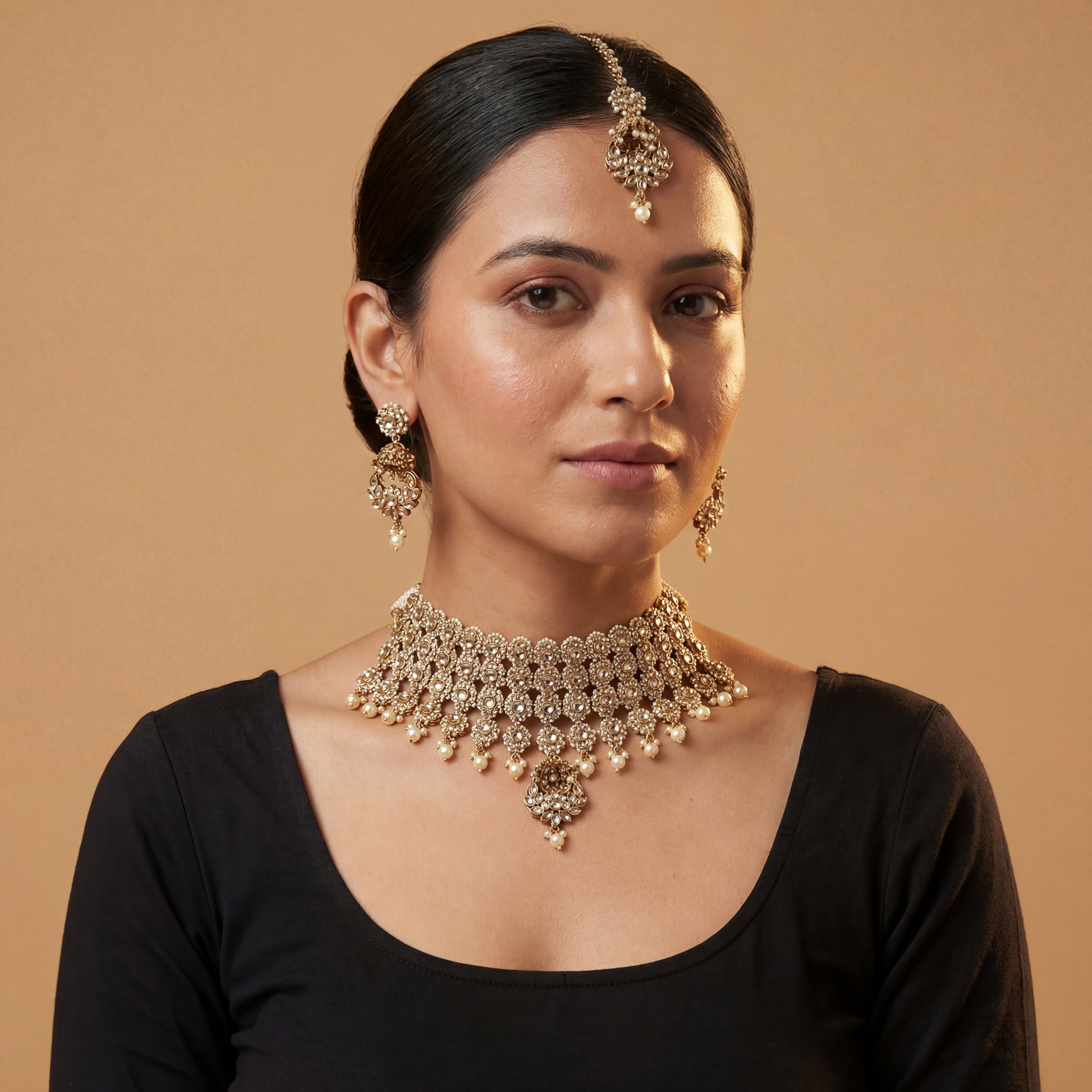 Zara Polki Necklace Set detail showing crystal polki motifs and pearl fringe