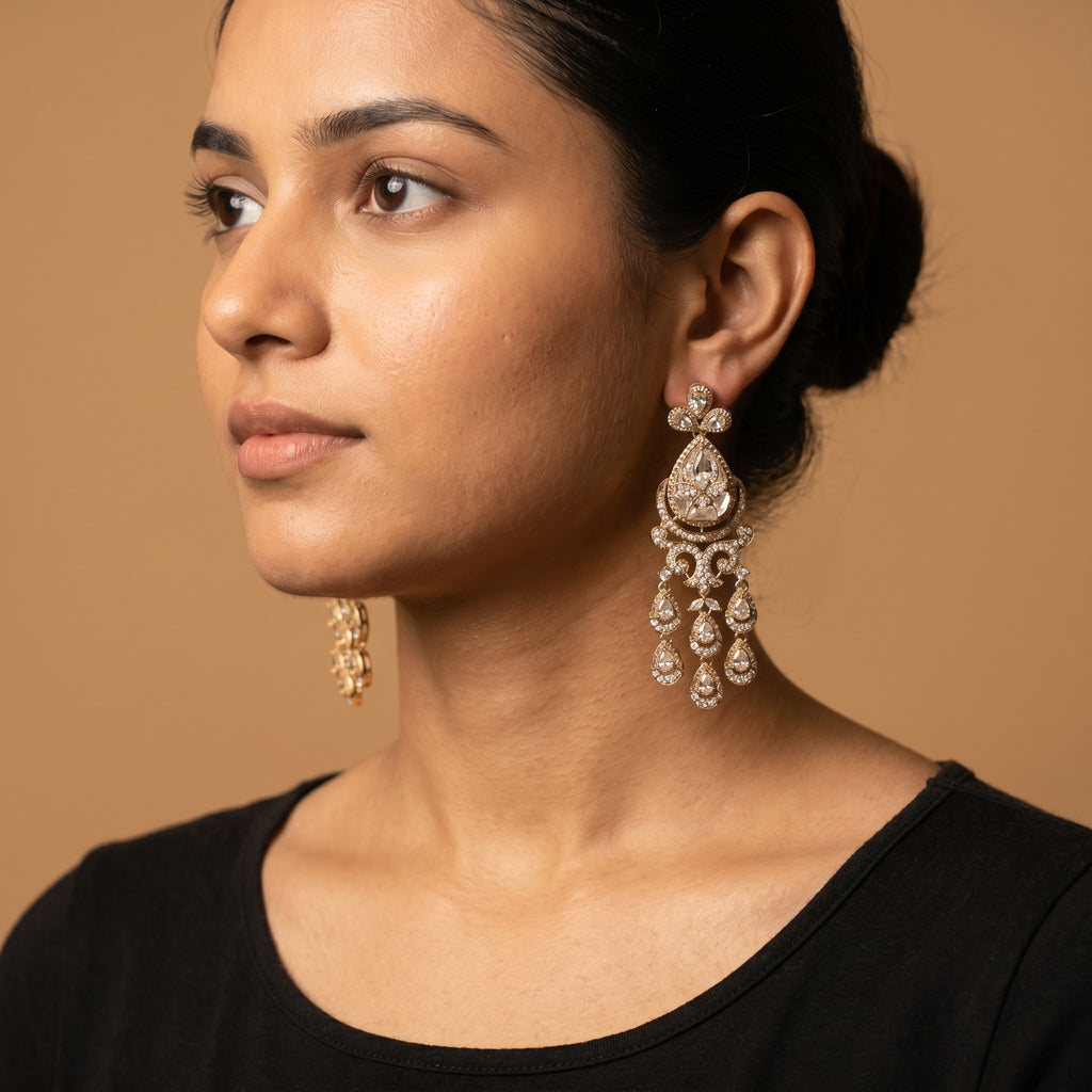 Apsara Teardrop Earrings detail showing filigree center and pear drops
