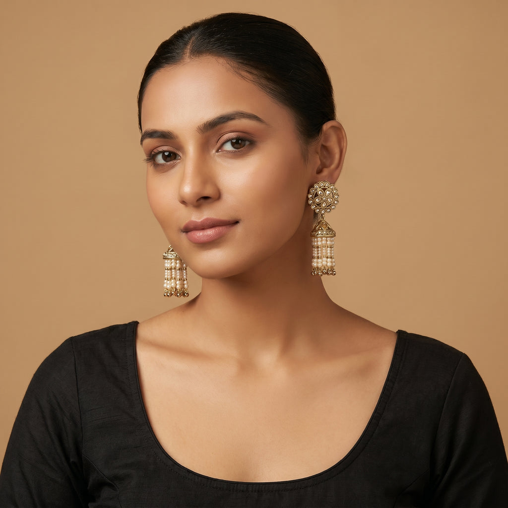 Gajra Pearl Earrings detail showing champagne floral stud bell cap and five pearl strand dangles