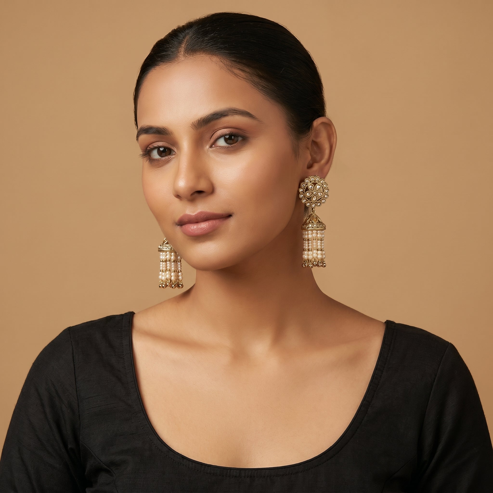 Gajra Pearl Earrings detail showing champagne floral stud bell cap and five pearl strand dangles