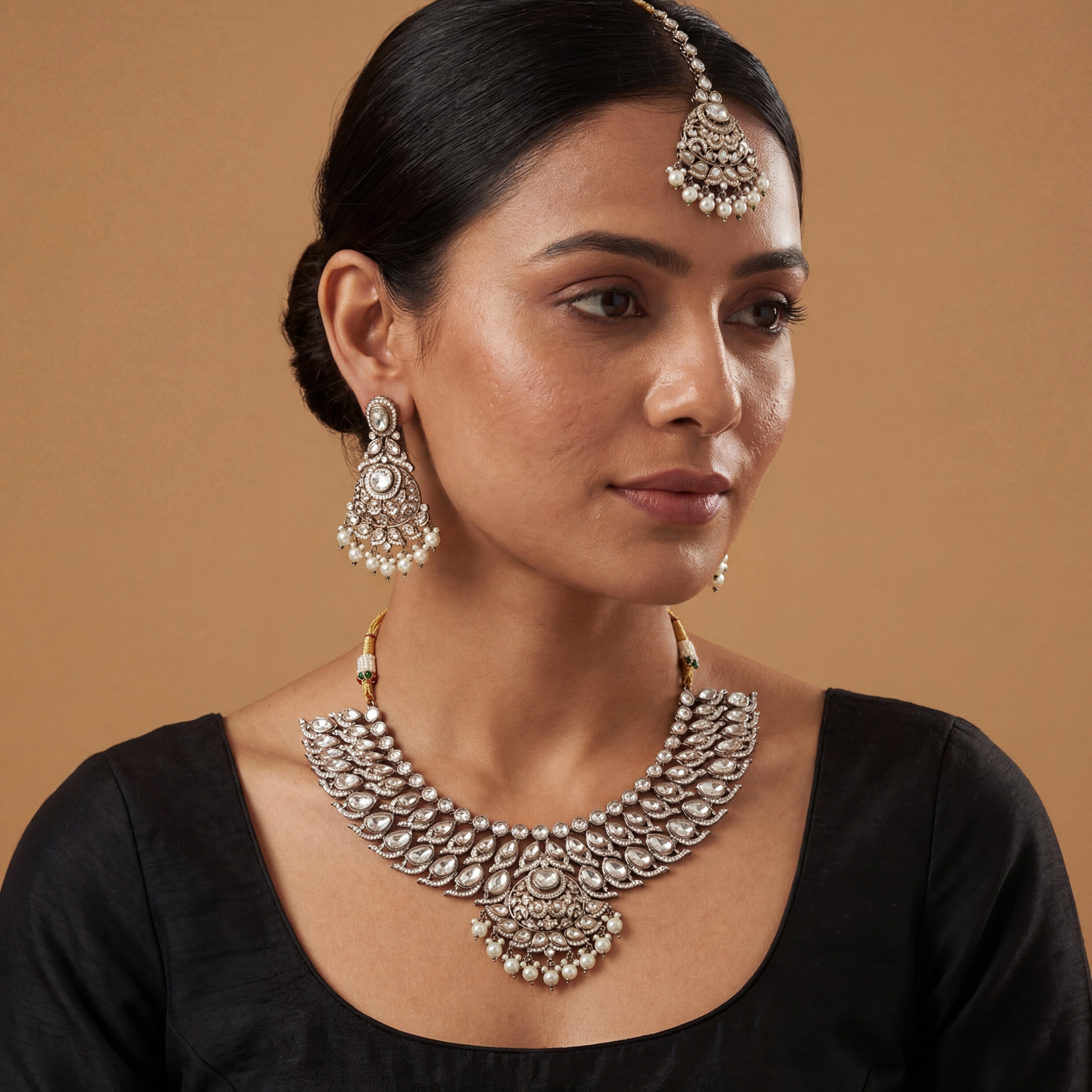Jadau Pearl Necklace Set detail showing cascading teardrop polki rows and ornate central pendant with pearl drops