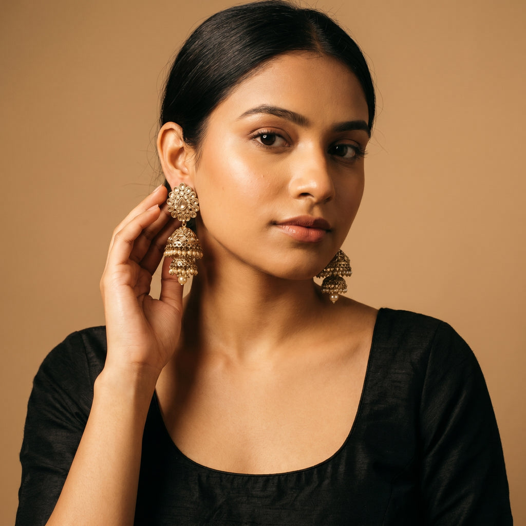 Rani Moti Earrings detail showing champagne floral stud tiered filigree bells and bottom pearl drop