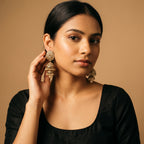 Rani Moti Earrings detail showing champagne floral stud tiered filigree bells and bottom pearl drop