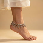 Antique Zircon Anklet detail showing layered pink stones pearls and bell clusters