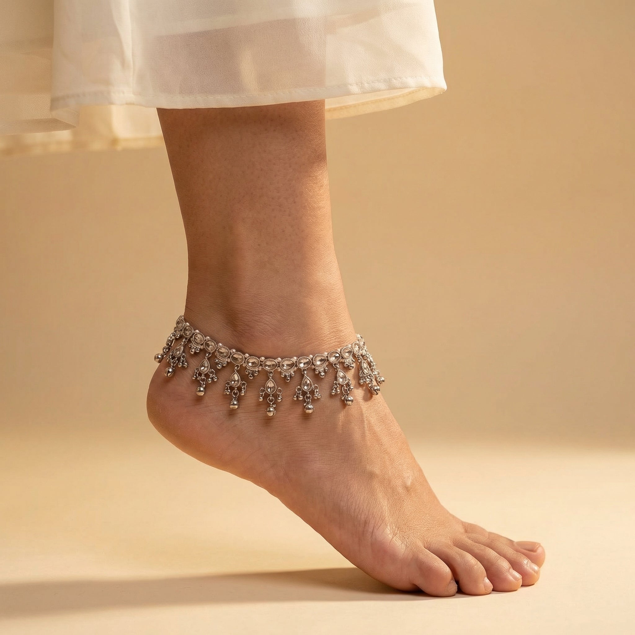 Antique Zircon Anklet detail showing layered pink stones pearls and bell clusters