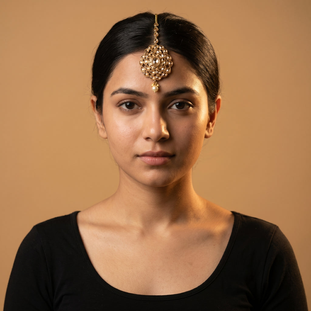 Polki Kundan Tikka detail showing teardrop chain floral medallion and pearl cluster
