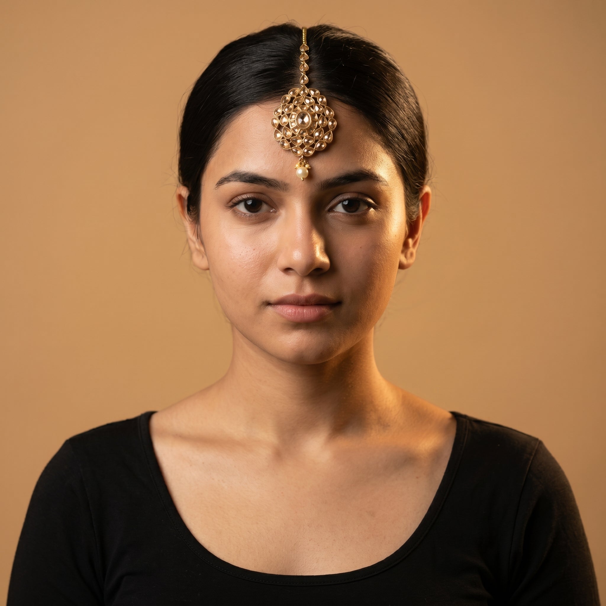 Polki Kundan Tikka detail showing teardrop chain floral medallion and pearl cluster