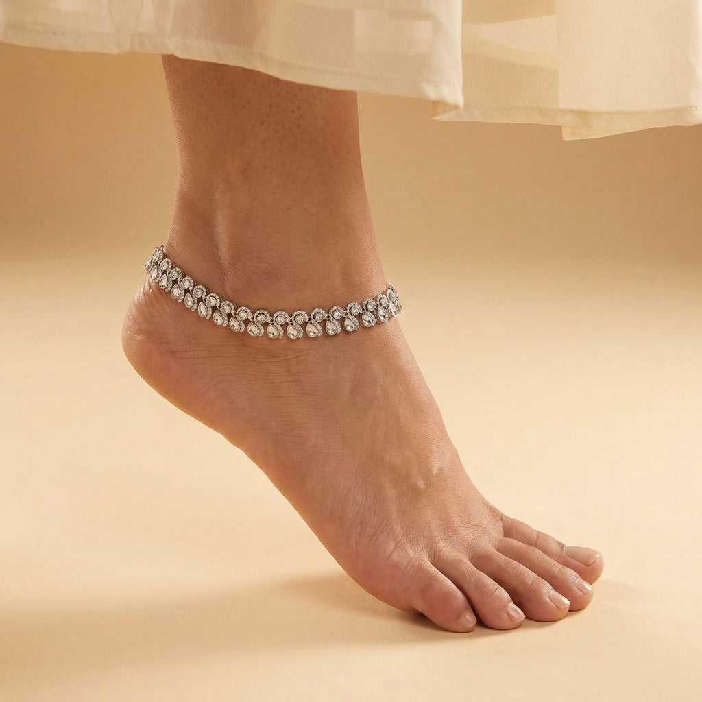 Divya Crystal Anklet detail of teardrop and round stone rows