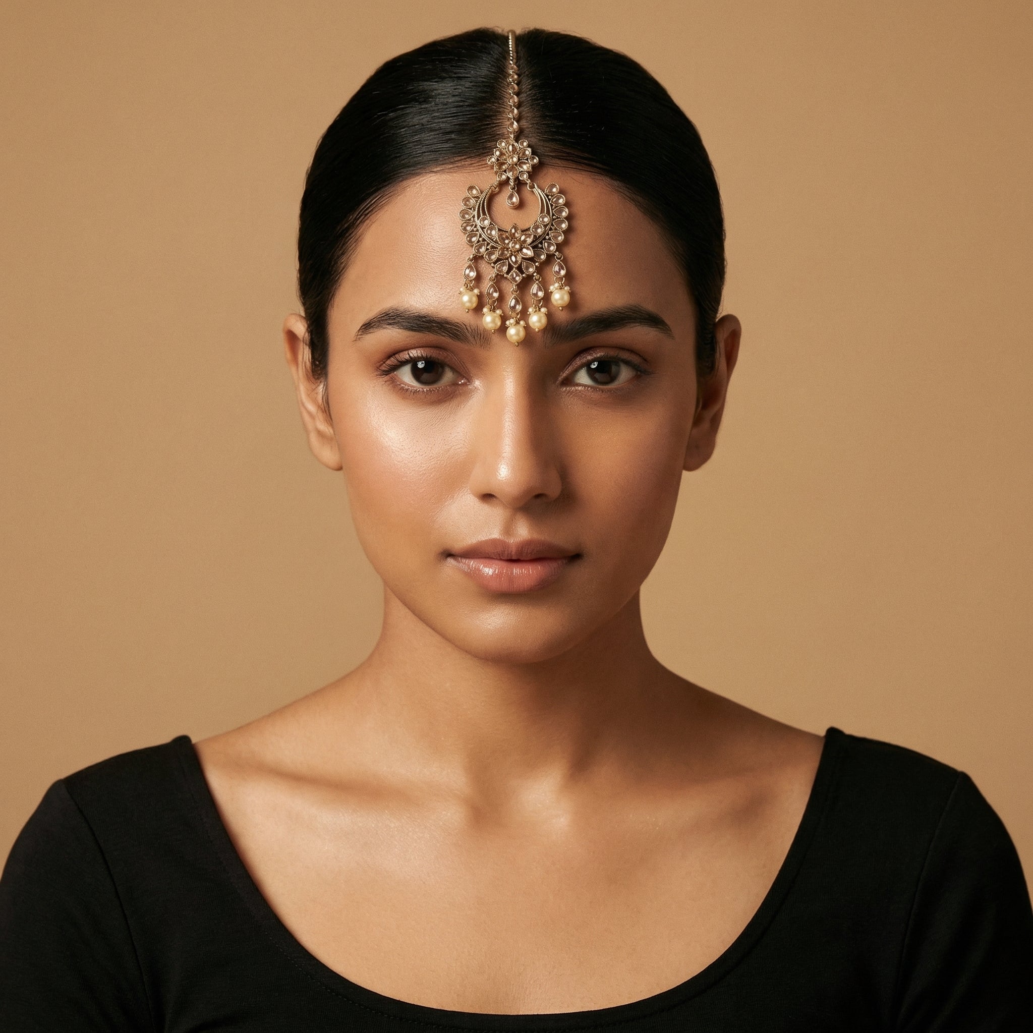 Kashi Pearl Tikka detail showing crystal chain, crescent pendant, and pearl drop fringe
