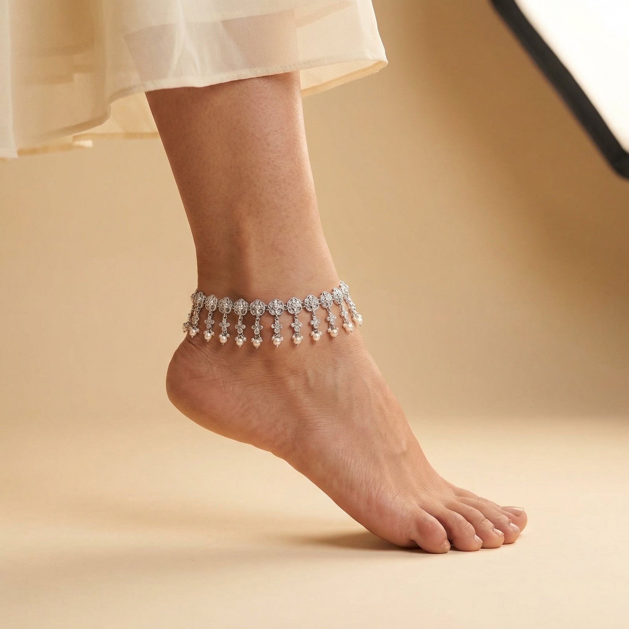 Sia Filigree Anklet detail of jali metalwork and pearl drops