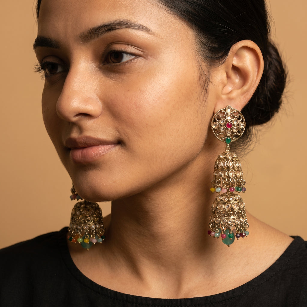 Kundan Multicolor Earrings detail showing polki tiers and colorful dangles