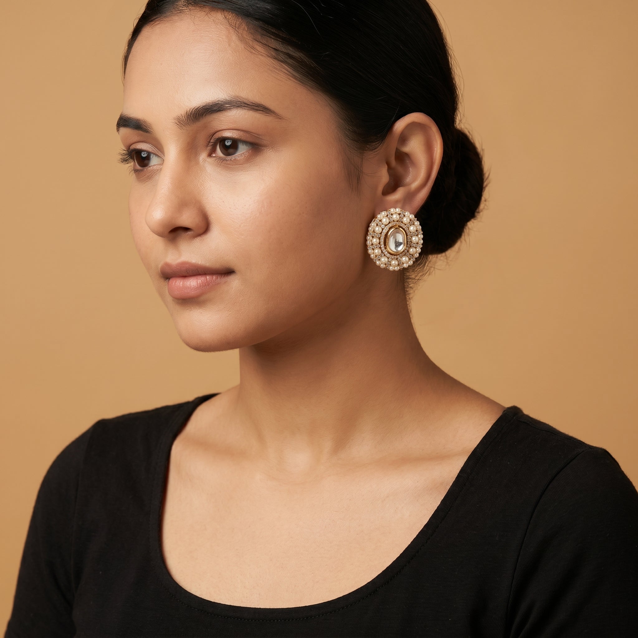 Kundan Pearl Earrings detail showing faceted clear stone, pearl cluster rim, and small crystal accents