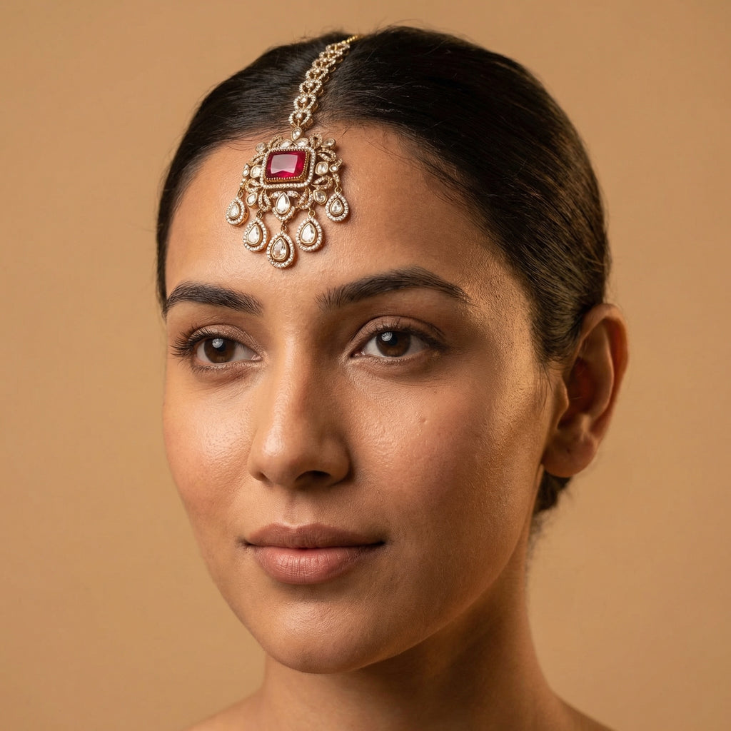Kundan Ruby Tikka detail showing crystal link chain, rectangular red stone, and teardrop fringe