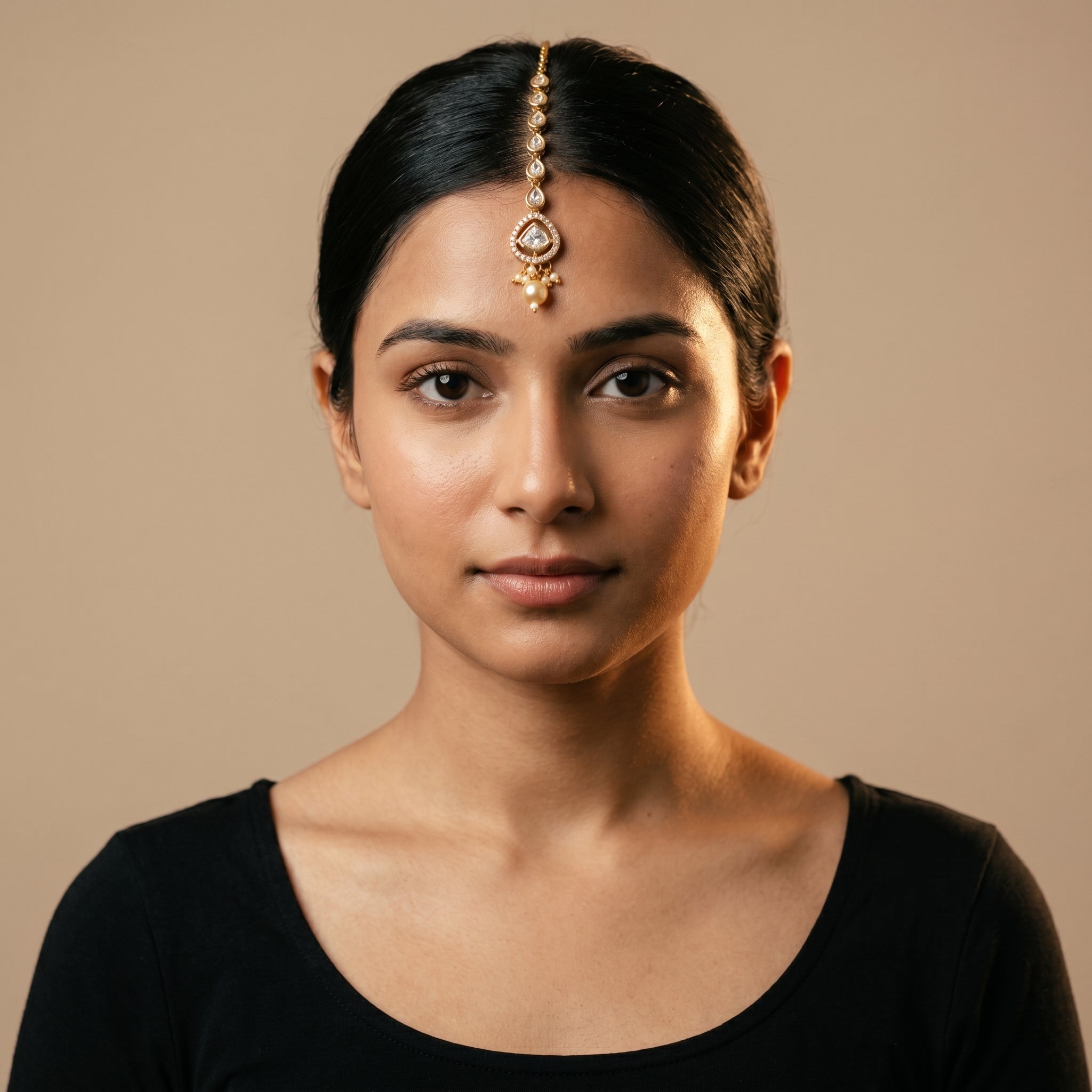 Noor Golden Tikka detail showing teardrop chain triangular halo and pearl cluster