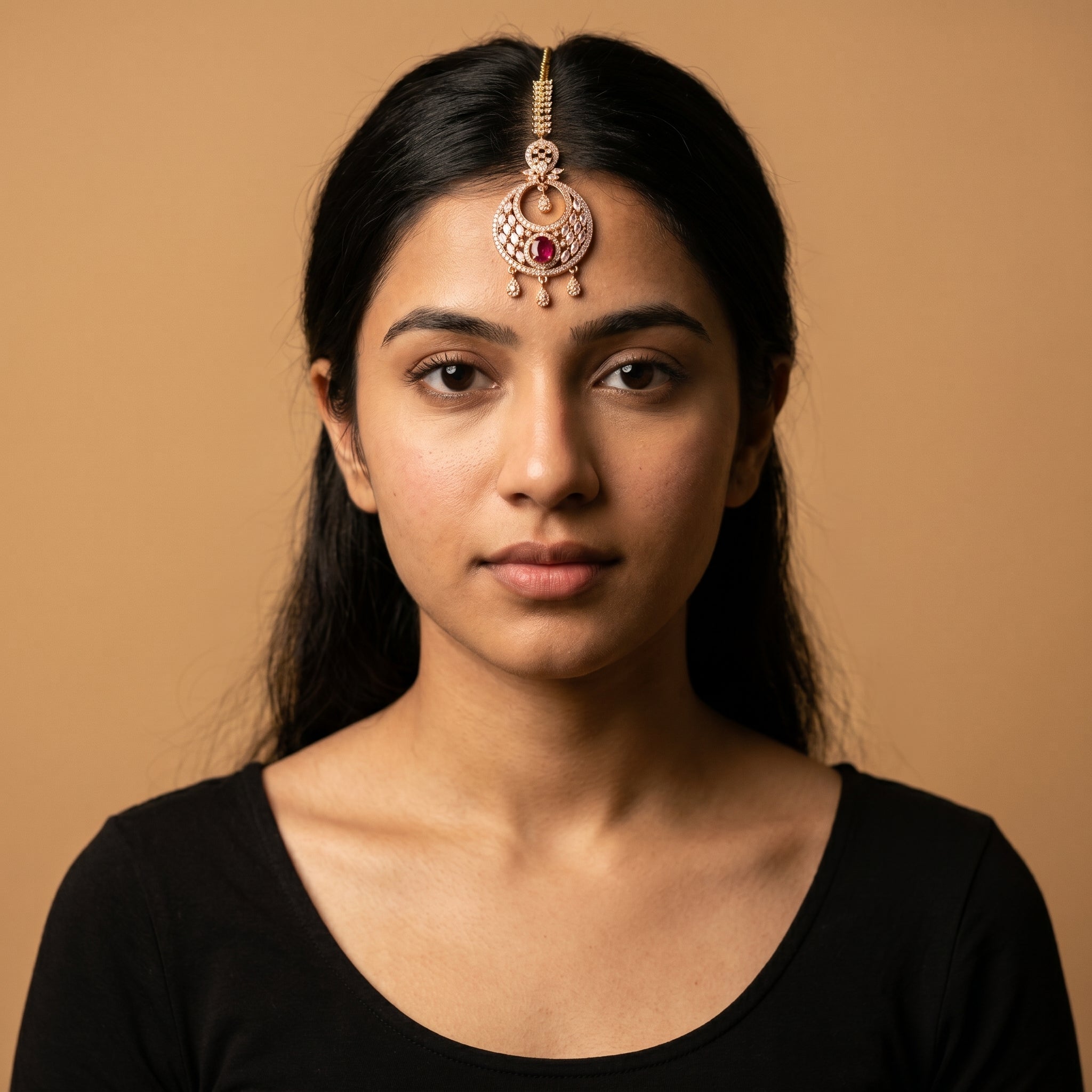 Ruby Tikka detail showing marquise crystal frame, red center stone, and three teardrop dangles