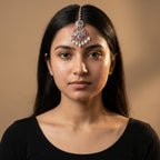 Gulabi Pearl Tikka detail showing pink marquise stones and nine-pearl crescent fringe