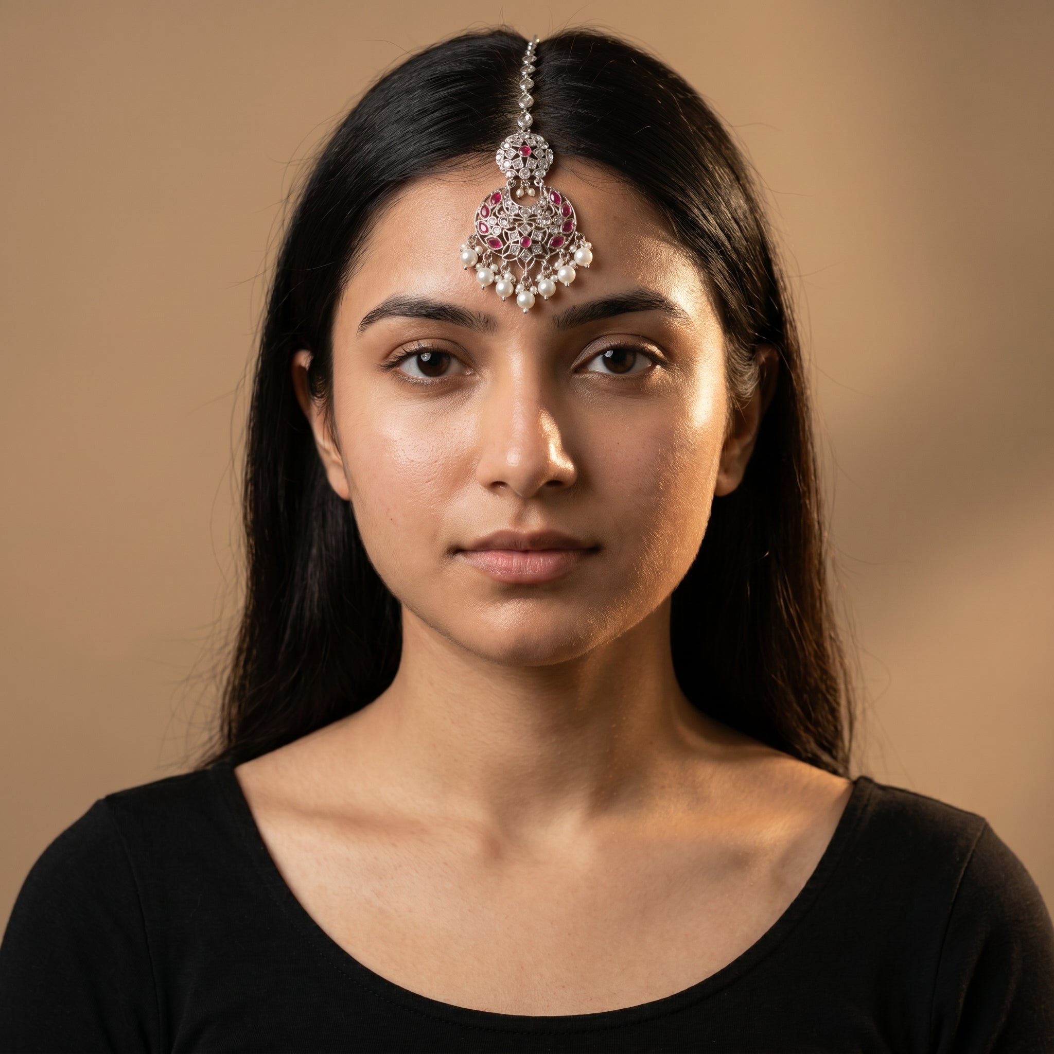 Gulabi Pearl Tikka detail showing pink marquise stones and nine-pearl crescent fringe
